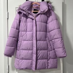 Talbots Lilac Down Puffer Coat Jacket Faux Fur Trim‎ Removable Hood Size Medium